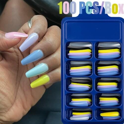 100Pcs Ballerina False Nails Full Cover Long Natural Candy Color Coffin Press on Nail Art Tips ABS Nail Decoration Manicure