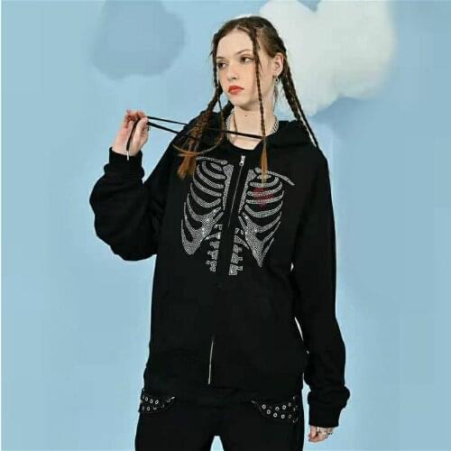 2021 Autumn Rhinestone Skull Printed Sweatshirt Tops Women Long Sleeve Hooded Hoodie with Pocket Casual Loose Female Streetwear