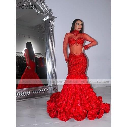 Glitter Prom Dresses 2021 Mermaid High Neck See Through Long Sleeves Red 3D Flowers Train African Girls Women Formal Party Gowns
