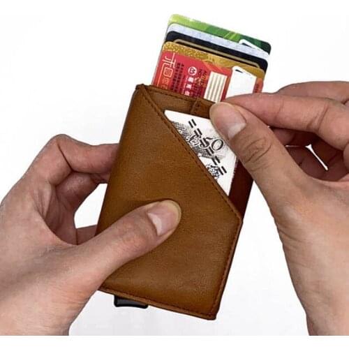 Vintage Oil Wax leather Credit Bank Card Case with Coin Purses for Men Anti RFID Mini Wallet Women Pull out Credit Card holders