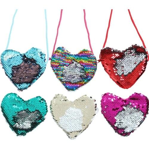 ILFML Children Change Purse Sequin Loving Heart Storage Bag Coin Purse Zipper Wallet Hanging Rope Purse Pouch