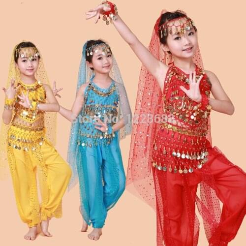 New Handmade Children Belly Dance Costumes Kids Belly Dancing Girls Bollywood Indian Performance Cloth Whole Set 6 Colors