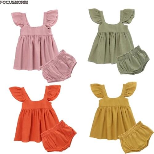 FOCUSNORM 0-24M Girls Clothes Sets Solid Ruffles Sleeve Dress Tops Shorts Trousers 2pcs 4 Colors