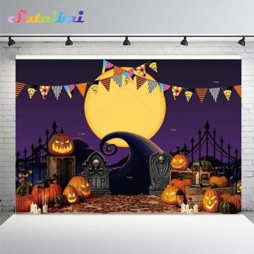 Happy Halloween Party Backdrop Night Full Moon Pumpkin Lantern Banner Horrible Tombstone Skull Candle Photo Background Studio