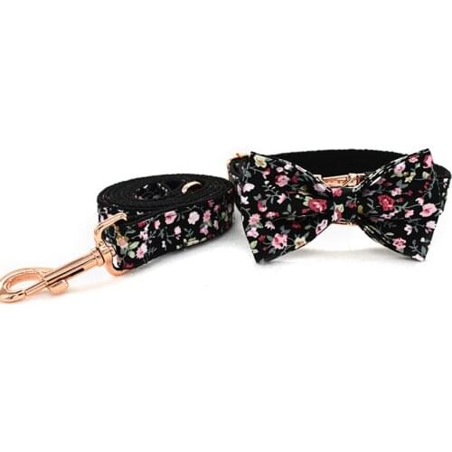 Bow Tie Pet Collar Fashion Printing Flower Pets Bowknot Collars Cotton Durable Metal Buckle Leash Set
