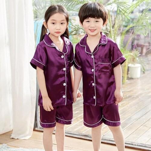 Summer Girl Pajamas set Children High-grade sleepwear Suit kids short sleeved pyjama Imitation Silk boys nightwear suit 6 colors