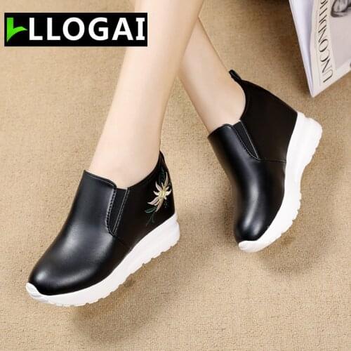 LLOGAI Plus Size43 spring Women Loafers Wedges Platform Shoes Slip on Embroidery Loafer Increasing Casual Shoes Spring fashion