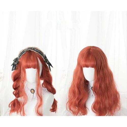 Lolita Girl 40CM Long Wavy Orange Red With Bangs Synthetic Cute Lady Women Cosplay Wig D136