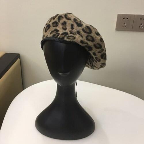 Fashion Lady Leopard Print Beret Hat Warm Plain Beanie Hat Cap PU Brim Woolen Blend Beret French Style Painter Hat