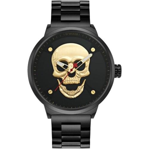 WWOOR 8867 Skull Head Creative Trend Mens Watch Stainless Steel Quartz Waterproof Casual Fashion Man Wristwatches