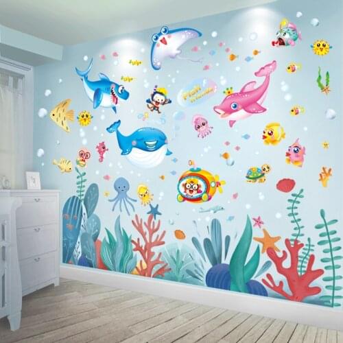 Fish Animals Wall Stickers DIY Seagrass Plants Wall Decals for Kids Room Baby Bedroom Bathroom Home Decoration
