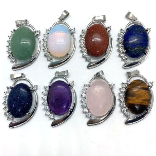 Natural Stone Oval Opal Pendant Inlaid With Diamonds Exquisite Fashion Jewelry Suitable For DIY Necklace Accessories 26x40 Mm