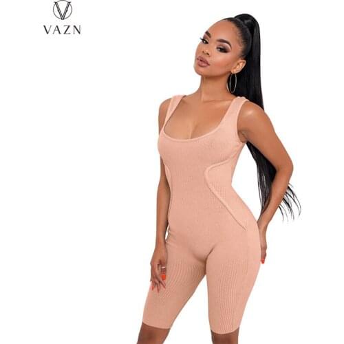 VAZN 2021 New Knit Playsuits Solid Sexy Sweet Yong Soft Tank Sleeve Free High Waist Women Slim Playsuits