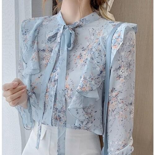 Autumn Women Ruffles Print Chiffon Blouse Shirt Tops Women Long Sleeve Blouse Women Blusas Mujer De Moda 2021 Blouses Femme D743
