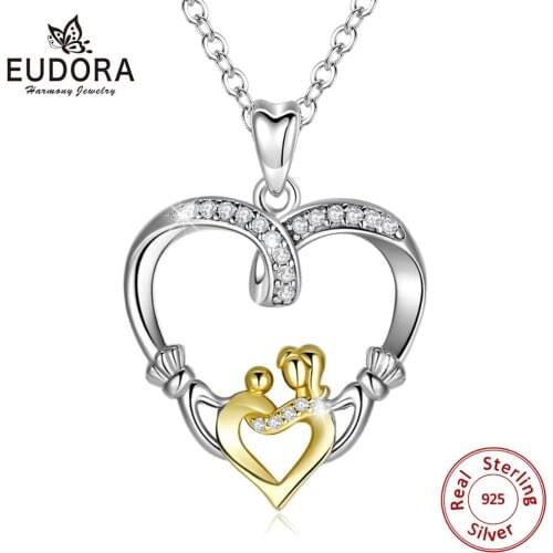 Eudora 925 Sterling Silver Mom Hand to Hand Heart Pendant Necklace Fine Jewelry with AAA CZ & box for Birthday party gift D155