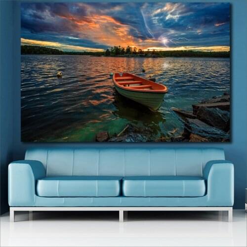 Printing Sweden Rivers Sunrises and sunsets Boats Scenery wall art canvas print pictures for living room and bedroom No Frame