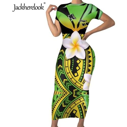 Jackherelook Elegant Woman Pencil Dress Kanaka Maoli Polynesian Tribal Hibiscus Plumeria Print Short Sleeve Sexy Bodycon Dresses