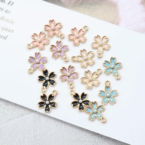 20PCS Oil Drop lmitation Pearl Core Flower DIY Jewelry Bracelet Necklace Pendant Charms Gold Color Tone Enamel Floating Charm