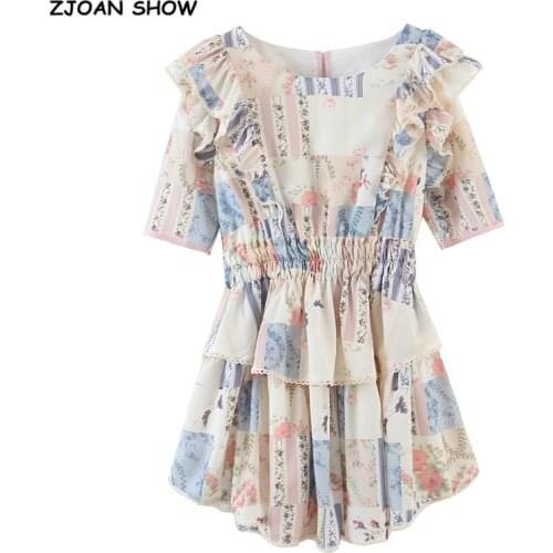 Holiday Spliced Cascading Ruffles Floral Print Swing Mini Dress Vintage Woman Elastic Waist Short Puff Sleeve Dresses