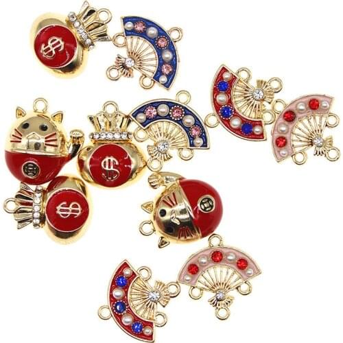 10pcs/lot Festive Red Lucky Cat Purse Exquisite Fan Charms Pendants For Earrings DIY Jewelry Bracelet Decorations Making Finding