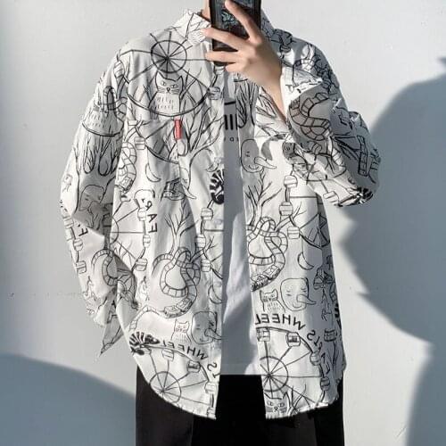 Mens Shirts Spring Autumn Printed Graffiti Casual Shirt Personality Thin Long-sleeved Tops Casual Loose Oversize Male Clothing