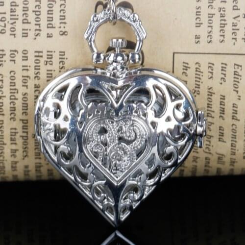 Silver Hollow Quartz Heart-shaped Pocket Watch Necklace Pendant Women Ladies Jewelry Gift