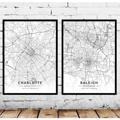 Charlotte Raleigh NC North Carolina USA United States of America Map Poster