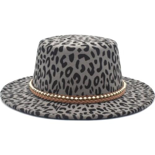New Leopard Print Womens Fedora Hat Mens Faux Wool Blended Jazz Hat Wide Brim Simple Church Derby Flat Top Hat P18