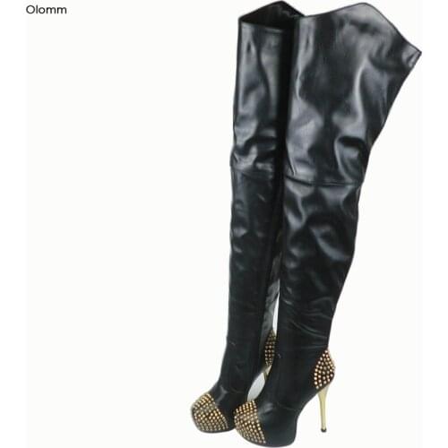 Olomm Women Thigh High Boots Stiletto Heels Boots Sexy Stud Pointed Toe Gorgeous Black Night Club Shoes Women Plus US Size 5-15