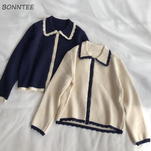 Cardigan Women Full Sleeve Patchwork Turn-down Collar Single Breasted Knitting Sweaters Sweet Korean Style All-match Preppy Chic