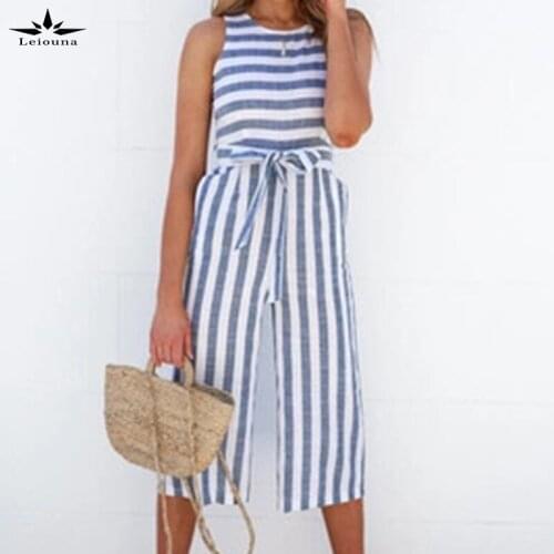 Leiouna Hot Sale O-neck Casual Sleeveless Striped Bandage Summer Women High Waist Wide Leg Pants Jumpsuit