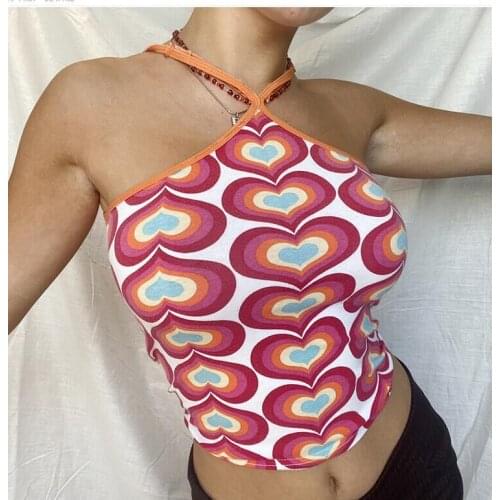 Women Love Heart Print Vest, Slim Fit Sleeveless Lace-up Cropped Tops for Summer 2021 New