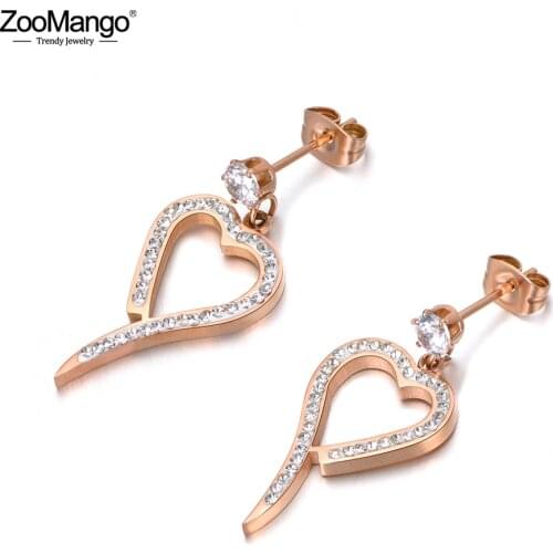 ZooMango OL Style Love Heart Shape Crystal Earrings For Girl CZ Crystal Stainless Steel Jewelry Rose Gold Fashion Gift ZE18109