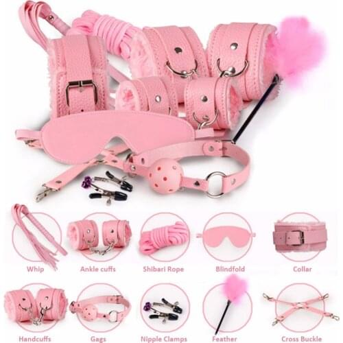 10 Pcs/set PU Leather BDSM Sex Bondage Gear Set HandCuffs Footcuff Whip Rope Blindfold Flirting Erotic Sex Toys for Couples