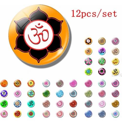 12pcs/lot Om Yoga Chakra Fridge Magnets Flower of Life 25MM Glass Whiteboard Magnet Refrigerator Stickers Magnetic Note Holder