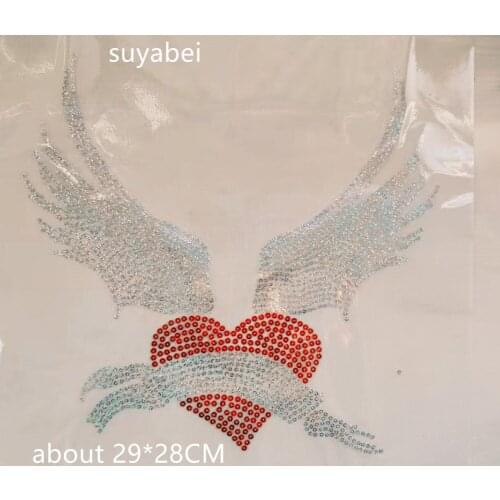 2pc/lot Sequins Double wings heart strass applique hot fix motif iron on transfers design hot fix patches