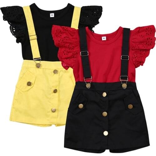 2021-03-10 Lioraitiin 2Pcs 2-7Y Toddler Baby Girls Clothes Sets Lace Short Sleeve Black T-Shirts Tops+Overalls Shorts Pants
