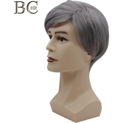 BCHR Short Men Wig Straight Synthetic Wig for Men Male Hair Fleeciness Realistic Silver Natural Toupee Wigs