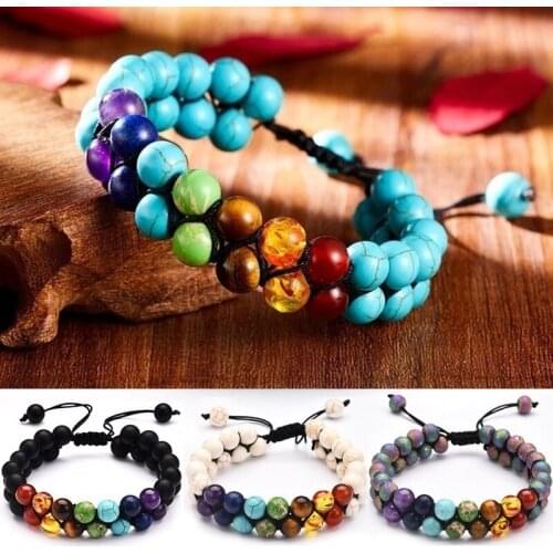7 Chakra Bracelet Natural Healing Stones Beads Bracelet Double Layered Adjustable Macrame Woven Rope Chain Yoga Bracelet
