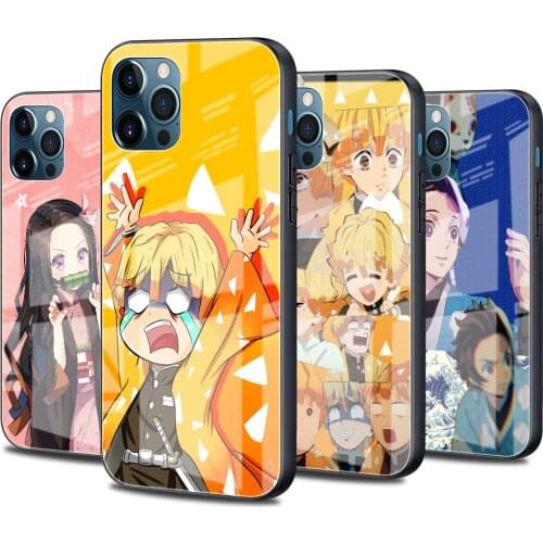Japan Anime Demon Slayer Glass Case For Apple iPhone 13 11 Pro 12 Mini XR 7 8 Plus SE 2020 XS Max X 6 6S Luxury Phone Cover Cas