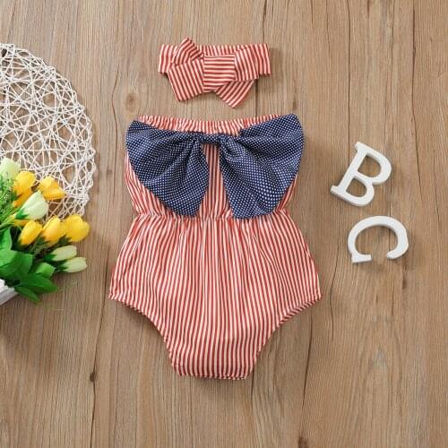 Summer Fall Baby Bodysuit with Headband Kids Girls Striped Sleeveless Strapless Romper+ Headwear 0-24 Months