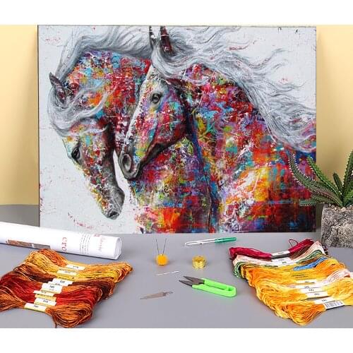 Two Horse Animal Printed Canvas 11CT Cross Stitch Embroidery Kit DMC Threads Painting Handicraft Craft Knitting Room