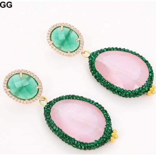 GuaiGuai Jewelry Pink Faceted CZ Paved Cats Eye Green Jades Gold Color Plated CZ Stud Earrings For Women