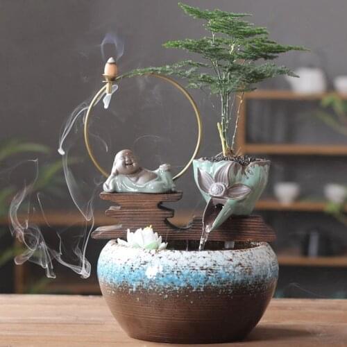 110V/220V Chinese Ceramic Zen Home Decorative Indoor Water Fountains Office Living Room Small Fish Tank Fountain Feng Shui Decor