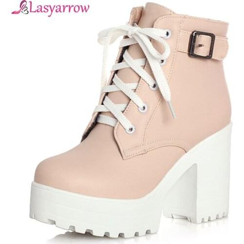 Lasyarrow Autumn Martin Boots Boots Women Round Toe Buckle Shoes Women High Heel Fashion Plus Size Square Heels Lacing 3 Colors