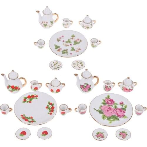 8pcs Dollhouse Miniature Restaurants Goods Porcelain Tea Set Plate Cup Plate Flower Print Dollhouse Furniture Accessories Toys