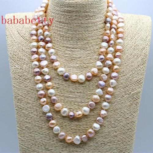 Natural Baroque Freshwater 8-9MM Pearl Sweater Chain Multilayer 160cm Long Necklace Mixed Color