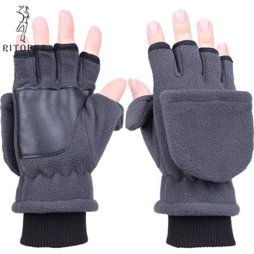 RITOPER Unisex Plus Thick Fingerless Gloves Winter Warm Touch Screen Leather Gloves Flip Half Finger All-Round Protection Gloves