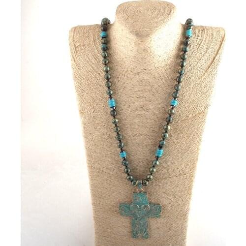 MD Fashion Beaded Jewelry 10mm CCB Bead Long Knotted Metal Blue Cross Pendant Necklaces For Women