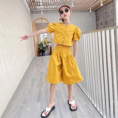 Summer Teenage Girls Clothes Sets 4-14 Years Kids Button Short Sleeve Shirts and Loose Shorts For Children Toddler Gilr Clothing